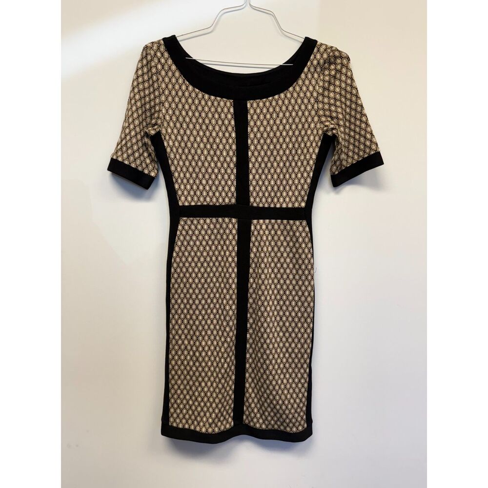 Bailey 44 Womens S Geometric Print Sheath Dress Black Tan Short Sleeve Bodycon